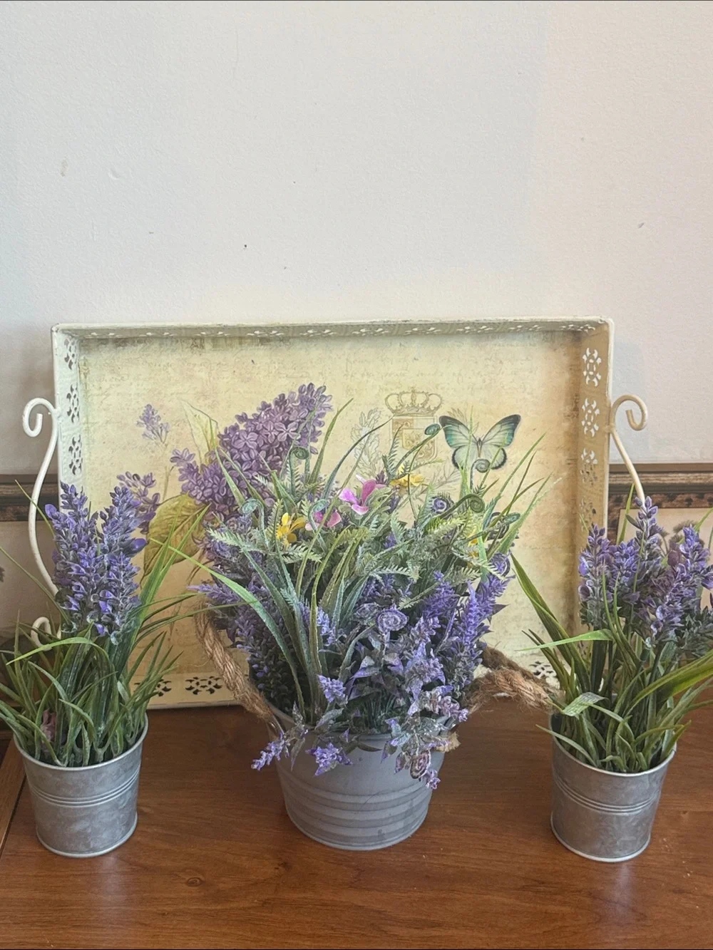 Lavender Faux Floral Arrangement in Gray Metal Planter - Home Accents